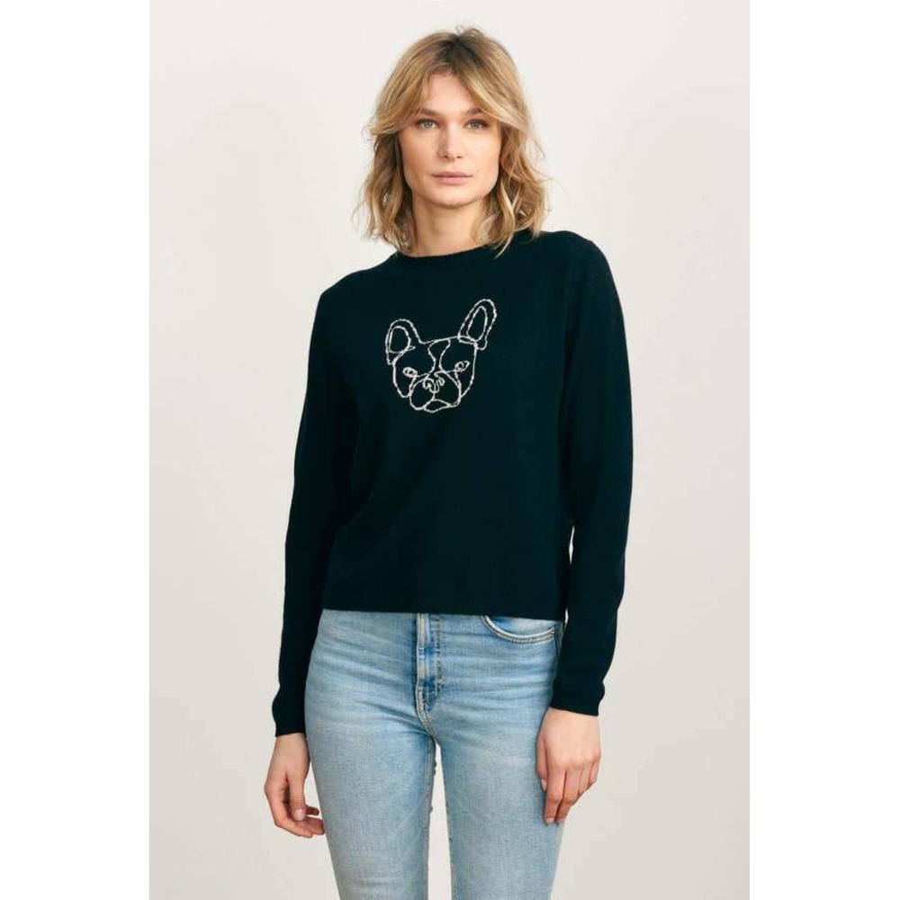 Jumper 1234 French Bulldog Wool‎ Cashmere Sweater Black Crew Neck Frenchie- XS